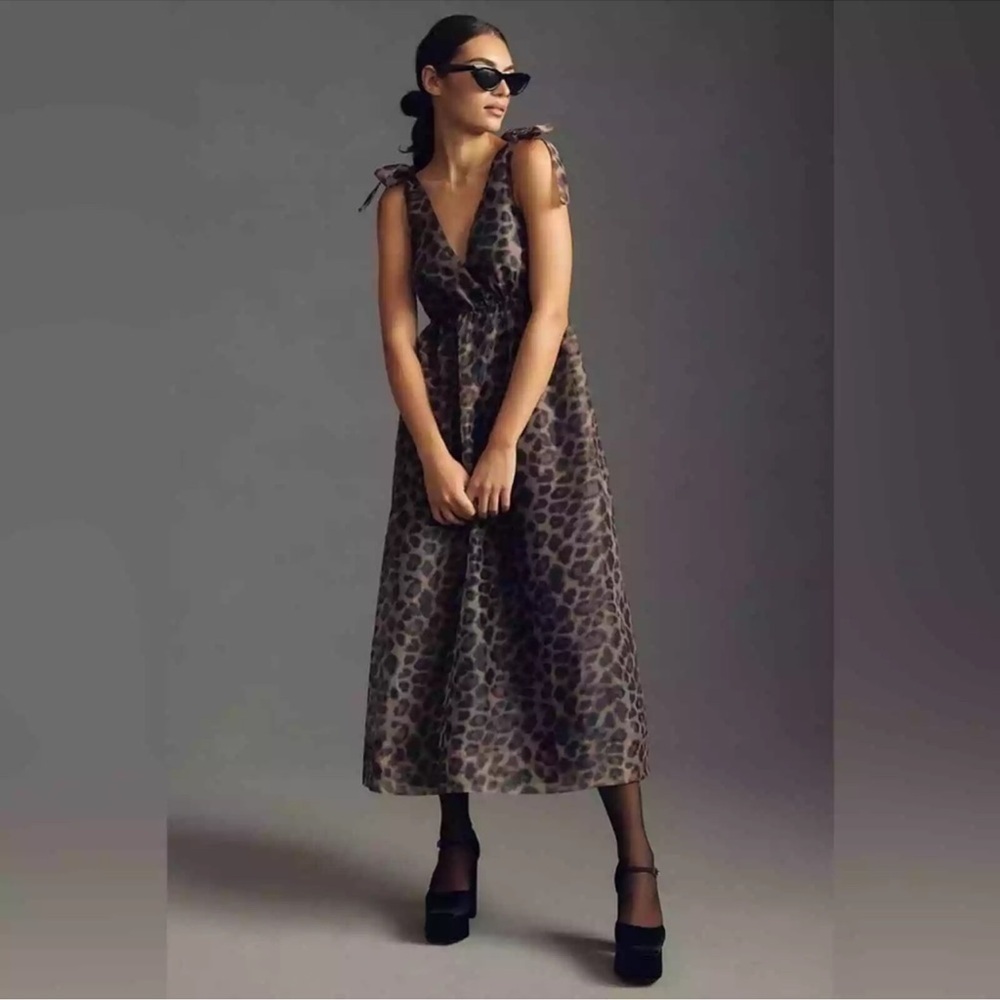 Daniel Rainn Anthropologie V-Neck Animal Print Organza Midi Dress Size XS